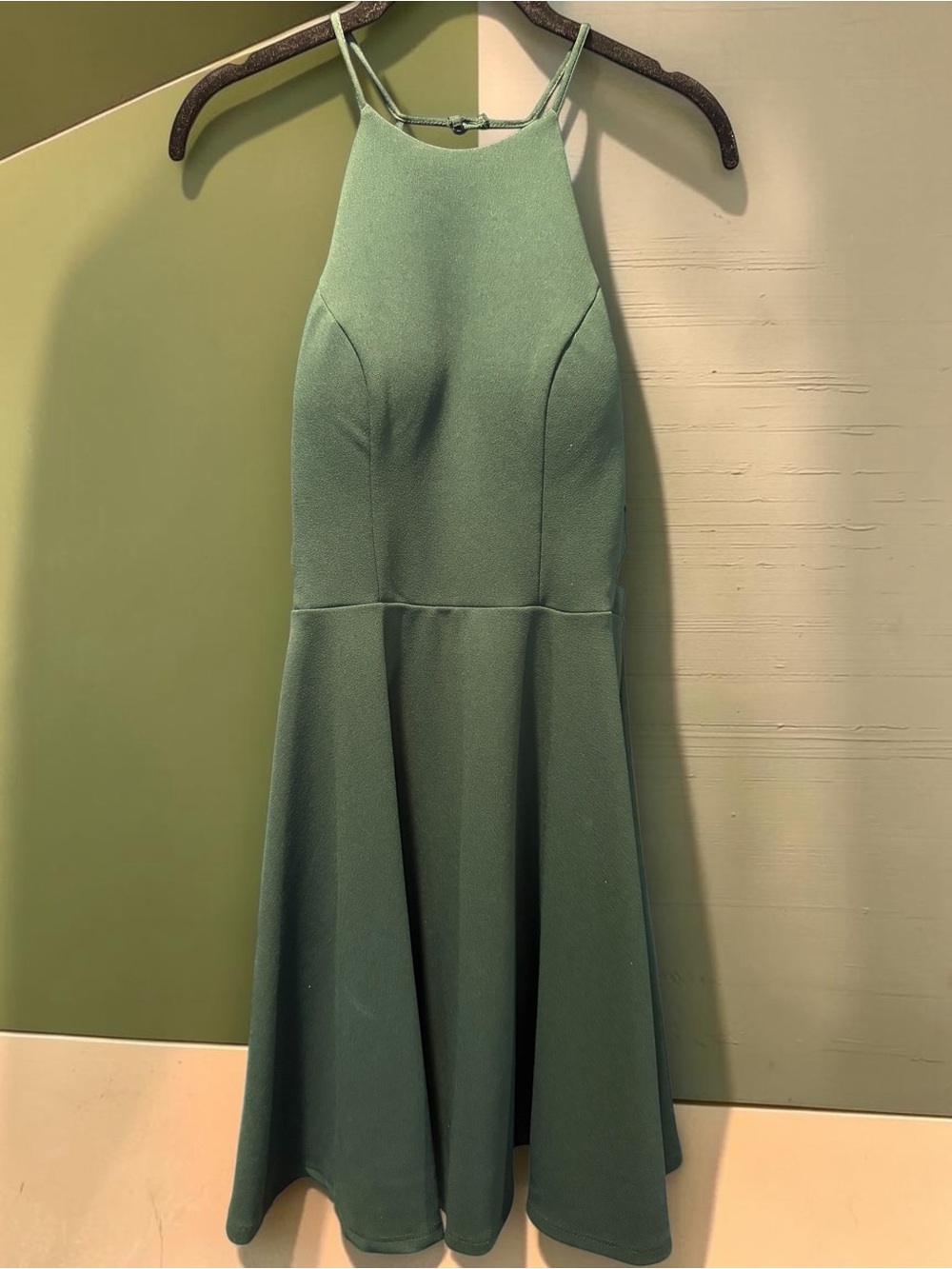 B Darlin Sage Green Fit Flare Mini Dress Mesh Cutout Sides Adjustable